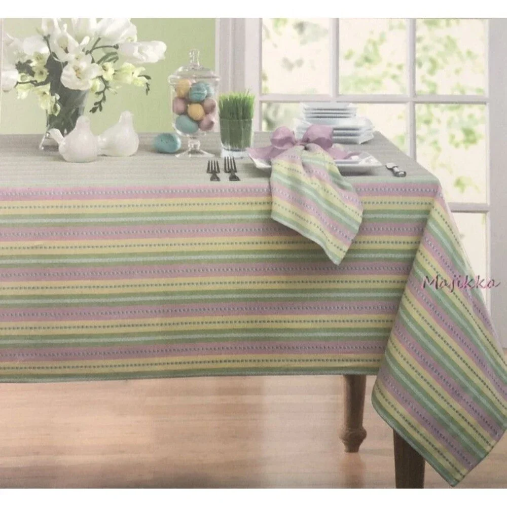 Colordrift Easter Spring Tablecloth 60x102 Garden Stripe Yellow Pink Green